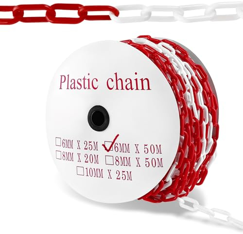 NAIZY 50m Absperrkette Rot Weiß Kunststoffkette 6mm Stärke Kunststoff Warnkette, Plastik Baustellensicherungskette Kette Gliederkette Absperrpfosten zum Absperren für Warnsicherheit Parkplatz