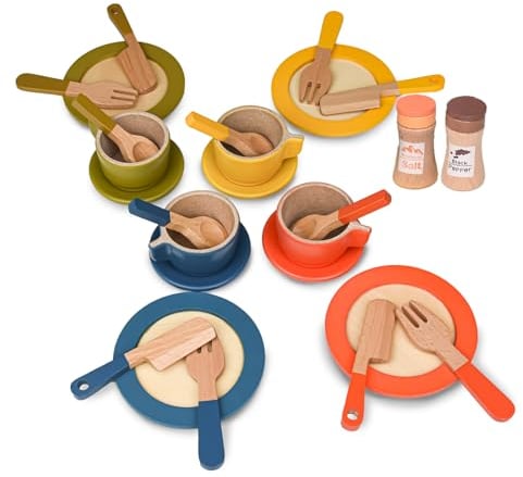 Coriver Wooden Kitchen Dish Set, 26 PCS Wooden Play Plates and Cutlery Set, Kids Role Play Gift Pretend Kitchen Toy for 3+ Years Girls and Boys