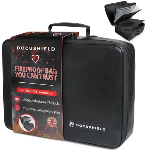 DocuShield Fireproof & Water Resistant Document Bag | Lightweight and Portable Box with Dividers and Pockets for Important File Storage | UK Brand | Fibreglass | TSA Lock (Original Plus+)