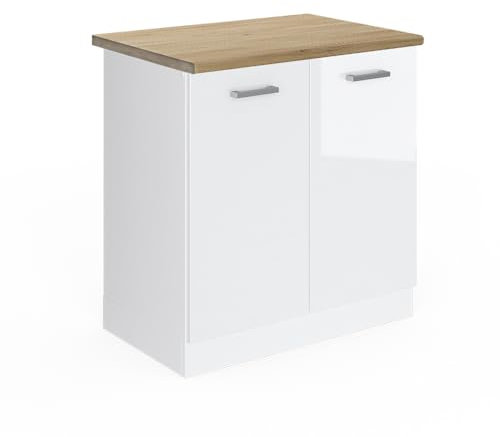 Vicco Spülenunterschrank R-Line, Küchenunterschrank für die Spüle, Weiß Hochglanz/Weiß, 80 cm, AP Eiche