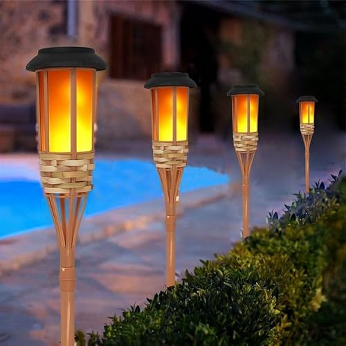 SUAVER Lot de 4 lampes solaires d'extérieur en bambou - Étanche - Flamme dansante - Décoration de jardin pour cour, patio, allée