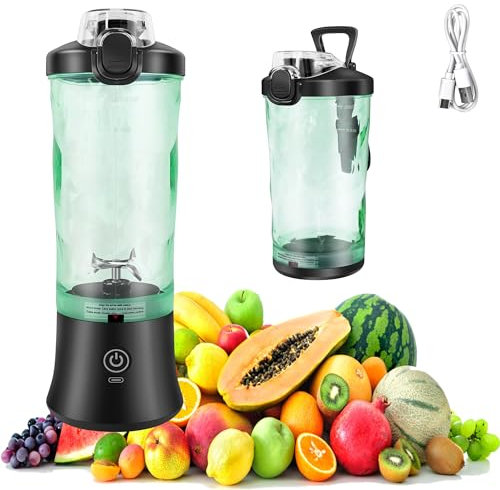 Portable Blender Personal Juicer for Shakes and Smoothies - 600ml Mini Blender Cup with 6 Blades, Travel Lid, USB Rechargeable