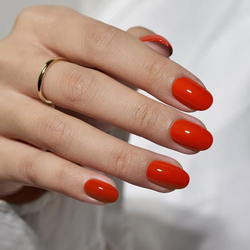 BTArtbox Press On Nails Short - Red Stick on Nails for Women, 32 Pcs False Nails with Nail Glue, Fit Perfectly & Reusable Fake Nail in 16 Sizes, Coral