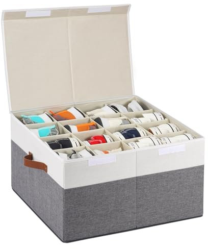 Schuh-Organizer für den Schrank, passend für 16 Paar, große Schuh-Aufbewahrungsbox, Behälter mit verstellbaren Trennwänden für Sandalen, High Heels, Turnschuhe, stapelbar und faltbar (Grau und Weiß)