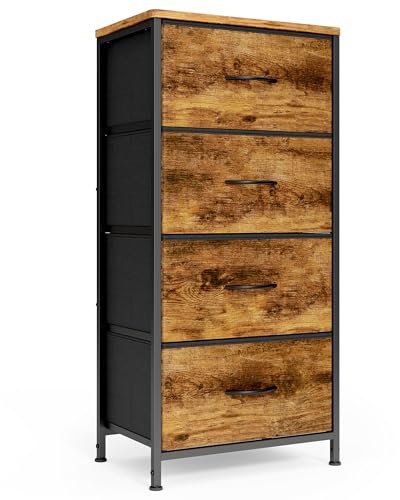 Xbro Kommode, Schmale Kommode mit 4 Stoffschubladen, Aufbewahrungsschrank für Schränke, Kommode mit Holzplatte und Metallrahmen für Schlafzimmer, Wohnzimmer, Flur (Rustikales Braun)