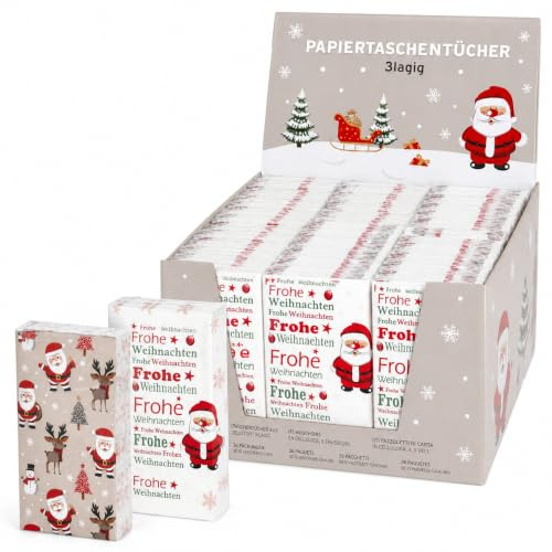MIJOMA Papiertaschentücher Set Frohe Weihnachten- 3-lagig - 36 Packungen – Weiß bedruckt – Mitbringsel zu Weihnachten, Wichtelgeschenk, Genesungswunsch, praktisch und weich
