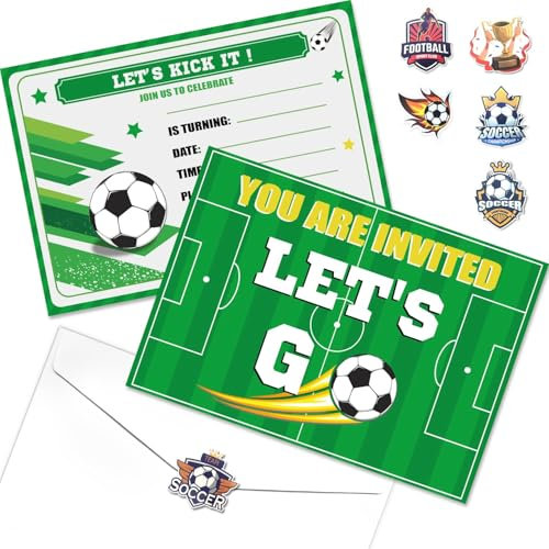Juego de 20 invitaciones de fiesta de fútbol con sobres, recuerdos de fiesta de fútbol, tarjetas de invitación de cumpleaños para niños y niños, temática de fútbol, suministros de fiesta de fútbol, 18