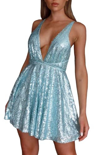 Caxndycing Damen Sparkly Pailletten Minikleid Glitzer Glänzend Tiefer V-Ausschnitt Ärmelloses Kleid Tie Up Rückenfrei A-Linie Kleid Tiered Party Rave Clubwear Hohe Taille Wickelkleider