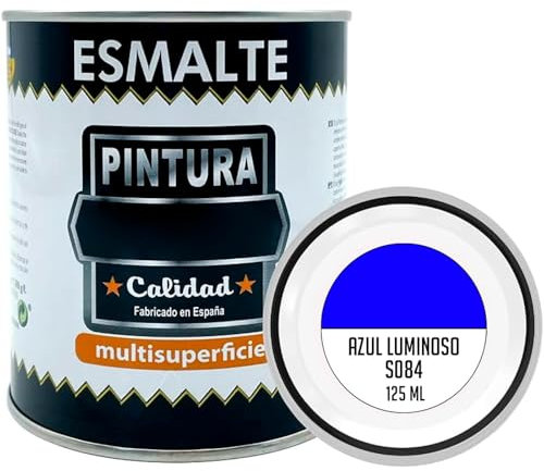 Tradineur - Bote de Pintura Esmalte - Fabricado en España - Ideal para cualquier superficie, Madera, Plástico, Cristal o Cemento - Capacidad de 125 ML - Azul Luminoso (S084)