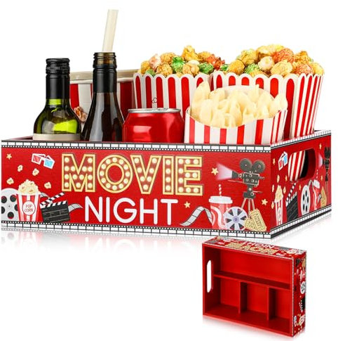 GlikCeil Movie Night Snack Tray with Handles and 4 Compartments for Theater Popcorn Bucket Bowl Box Reusable Wooden Gift Basket Organizer Holder for Family Theater Room Decor(Red,Cute)