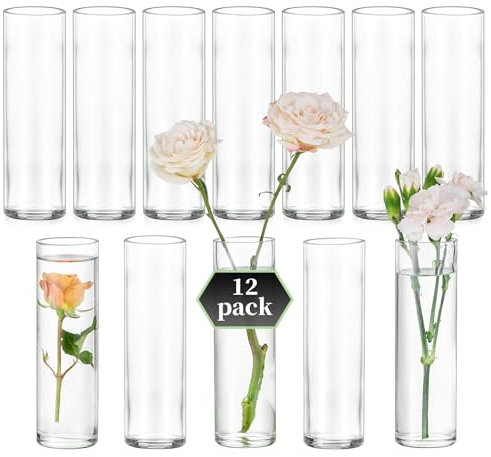 Glasseam Cylinder Glass Vase for Centrepiece: 12pcs Small Vases Set for Wedding Centrepieces Party Home Table Decoration - Modern Clear Bud Vase for Flowers Single Stem Rose Tulip