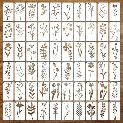 OPUHOHR 60 Stück Schablonen Blumen Blatt, 5 x 9cm Kunststoff Schablonen Blumenschablonen, DIY Vorlagen Malerei Schablonen Set für Malerei Holz Wand Deko