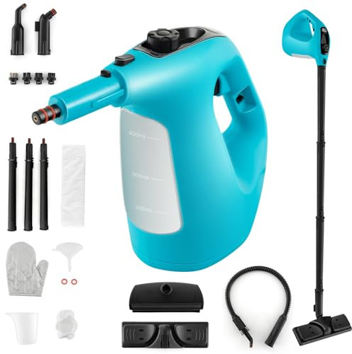 SOARS Dampfreiniger mit 14 Zubehör, Dampfdruck: 2 bar, Max. 125 ℃, Aufheizzeit: 1 min., Leistung: 1500 W, Tank: 400ML, Handdampfreiniger für Teppiche, Boden, Fenster (Blau)