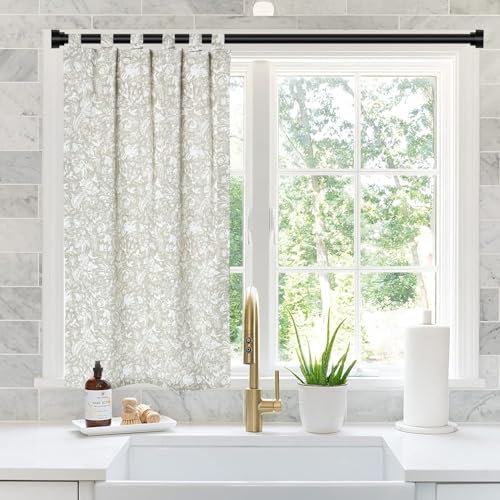 MORE FREE-Cortina Cocina de Estilo Español con Tirantes,Tela Opaca Máxima Privacidad para Comedor,50% Algodón 50% Poliester Hoja Gris y Blanco 140x145cm 1 Paneles