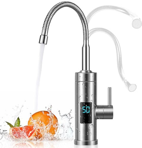 Grifo Agua Caliente Instantanea, 220V Grifo Calentador de Agua con LCD, 3000W Agua Caliente Caravana,Acero Inoxidable Calentador de Agua Instantaneo para Cocina,Bañ[Clase de eficiencia energética A]