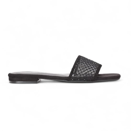 ESSEX GLAM Women's Flat Slip On Diamante Slider Ladies Open Toe Faux Suede Summer Holiday Mule Sandals Shoes Size 3-8