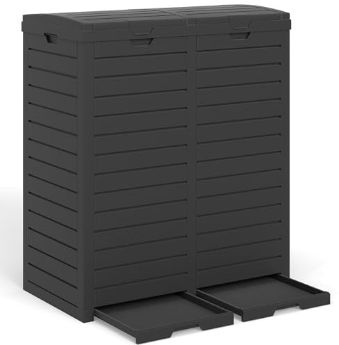 GOPLUS Poubelle Jarin Extérieure à Double Bac 236 L, Bac à Ordures Extérieur pour Déchets, Poubelle de Tri Terrasse Extérieure Intérieure avec Plusieurs Couvercles (Noir,236L|77x40x86CM)
