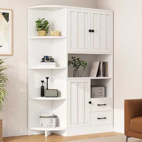 Armario de esquina, vitrina de salón con 3 armarios + 2 cajones, estanterías de salón, armarios altos y tablero alto con un total de 14 áreas de almacenamiento, estanterías, aparador, color blanco 104