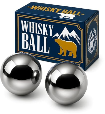 Edelstahl Whiskey Eiskugeln Whiskey Steine Set mit 2 wiederverwendbaren Metall-Eiswürfeln zum Kühlen von Whiskey & Getränken - Geschenkset für Männer