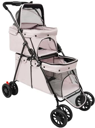2-Lagiger Haustierwagen mit Netzfenster, Bremse und Aufbewahrungstasche Faltbarer Doppeldeck Hundewagen für Hunde & Katzen 15kg-20kg Tragkraft (Grau)