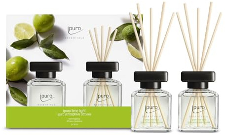 ipuro - Essentials LIME LIGHT Raumduft - Geschenkset 2x50ml - Raumerfrischer mit Zitronengras, Bergamotte, Orange, Geranie, Maiglöckchen & Vanilleblumen Duft - Diffuser mit Stäbchen - Lufterfrischer