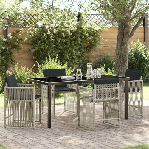 Owoxanthellate 5-TLG Garten Essgruppe Hellgrau Poly-Rattan 150 cm Tisch mit Glasplatte Modernes wetterfestes Lounge-Set inkl. 4 Stühlen für Balkon Terrasse oder Wintergarten