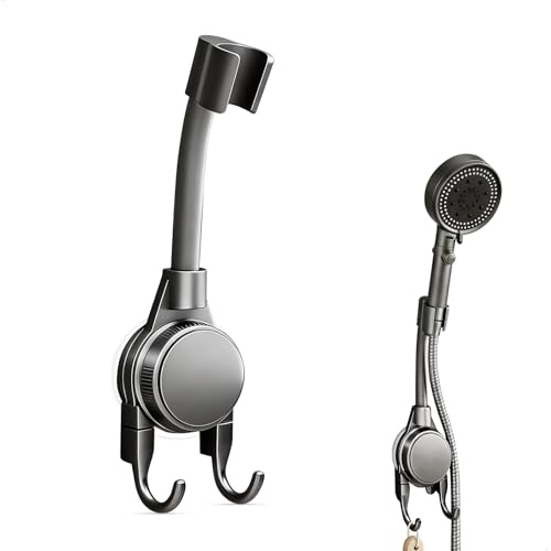 Support Pommeau de Douche, Support Douche Sans Percage, Barre de Douche sans Percage, Ventouse Réglable 360° Barre de Douche Sans Percage, Accroche Pommeau de Douche avec 2 Crochets