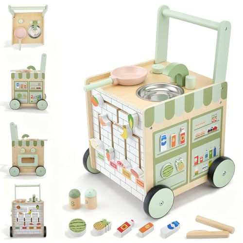 BugyKido Wooden Baby Walker, Baby Push Walker with Activity Center-Kitchen Theme Tool Pan, Fruit Maze Track Multiple Learning Montessori Toy Activity Center Gifts for Boys Girls 1-3 Year Old Babies