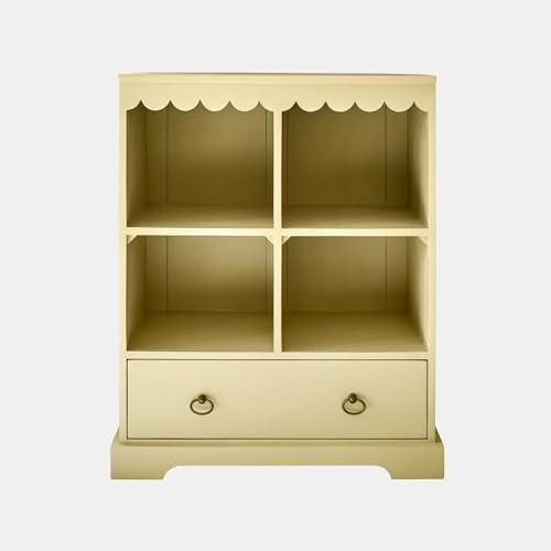 Loberon Kinderregal Frollin - Kinderfreundliche Höhe - Dekorative Wellenkante - Vier Fächer & eine Schublade - Bücherregal - Kinderzimmer - Mangoholz, grün/gelb