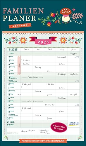 Planificador familiar vintage 2025: calendario familiar, 5 columnas grandes. Número familiar con fechas de vacaciones, columna adicional y vista previa hasta marzo de 2026. Formato: 27 x 46 cm