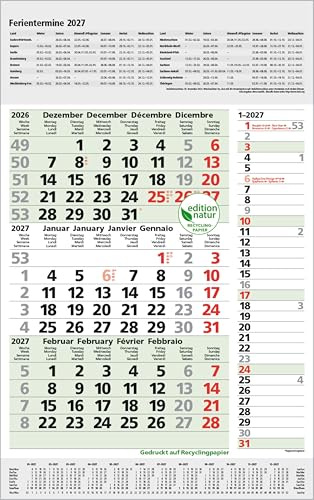3-Monats-Planer Combi Recyclingpapier 2027: 3-Monatskalender groß I Wandplaner / Bürokalender aus Recyclingpapier, Ferienterminen, Vor-und Nachmonat ... I extra Streifenplaner I 30 x 47,8 cm