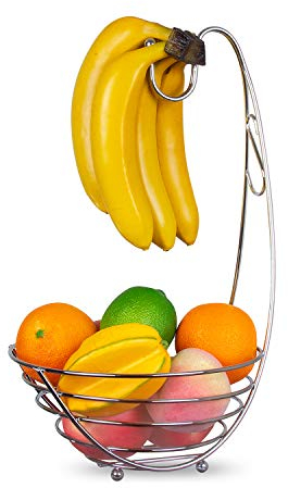 Kitchen Stars Fruit Basket Bowl with Banana Hanger Hook - Premium Quality Stainless Steel with a Chrome Finish