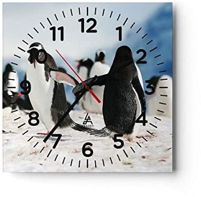 ARTTOR Moderne Glasuhr 30x30cm Quadrat Wanduhr Tiere - 2974 | Pinguine Winter Natur Glas Analog Wanduhr Lautlos Wanddekoration Wohnzimmer Büro Küche Wanddeko Küchenuhr Geräuschlos ARTTOR