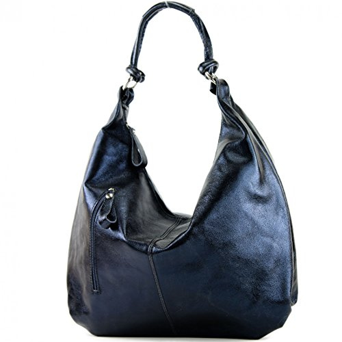 modamoda de - T158 - ital Schultertasche aus Wildleder Leder, Farbe:Dunkelblau-Metallic