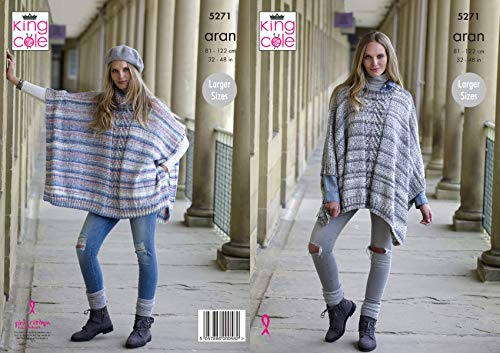 King Cole 5271 Knitting Pattern Womens Round and Cowl Neck Ponchos in Drifter Aran