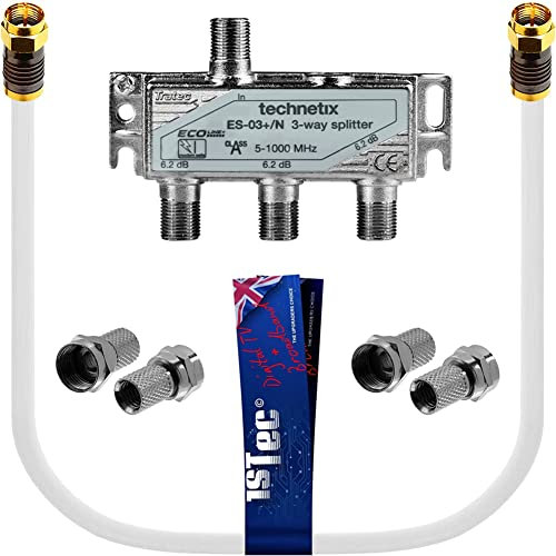 1STec Genuine Virgin Media 4 port 3 Way Technetix Passive Wideband Signal TV Broadband Splitter Short Screw-on F-Connector Link Lead for TiVo TV Set Top Box Superhub Internet Router 5-1218MHZ Freeview