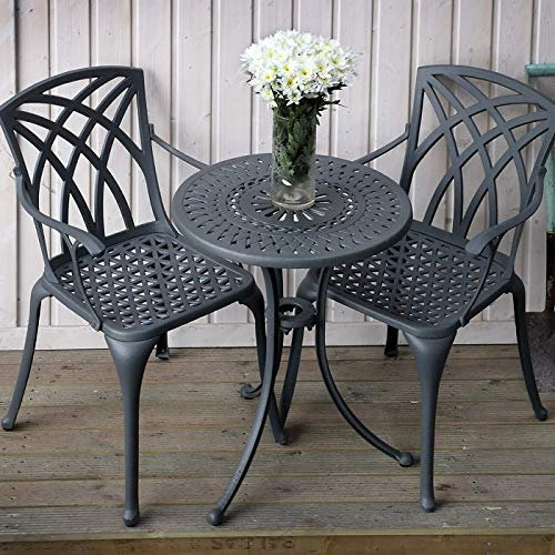 Lazy Susan Eve Round 2 Seater Bistro Table, Weatherproof, Maintenance Free, Slate Finish, April Chairs, Stone Cushions