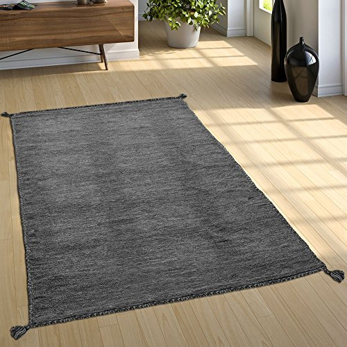 Paco Home Wohnzimmer Natur Teppich m. Fransen, Moderner Handgewebter Kelim, 100% Baumwolle, Grösse:60x110 cm, Farbe:Grau