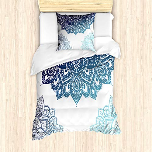 ABAKUHAUS Henna Bettbezug Set für Einzelbetten, Vibrierende farbige Mandala, Milbensicher Allergiker geeignet mit Kissenbezug, Blassblau Dunkelblau