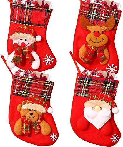 JAHEMU Weihnachtsstrumpf Weihnachtssocken Klein Nikolaussocken Nikolausstrumpf Hängende Strümpfe Weihnachten Süßigkeiten Geschenk Beutel zum Befüllen und Aufhängen Weihnachtsdeko 4 Stück