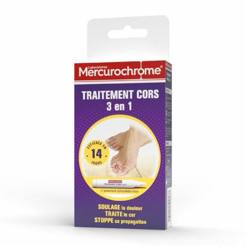 MERCUROCHROME Traitement Cors - Soulage la Douleur et Stoppe la Propagation | Marque N°1 des Premiers Soins, Traite le Cor, Efficace en 14j, 1 Stylo + 7 Pansement Hydrocolloïde, Application Précise