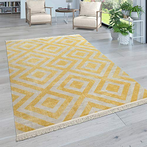 Paco Home Moderner Outdoor Teppich Geometrisches Rauten-Muster im Vintage-Look Flachgewebe Wetterfest & Pflegeleicht für Garten, Terrasse & Balkon, Grösse:160x220 cm, Farbe:Gelb-Weiß