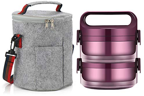 Q&Z Termo para Alimentos De Acero Inoxidable,PortáTil Frasco TéRmico Comida Multicapa Termo Box De Platos Calientes para Comida Sopa,Púrpura,2 Layers + Bag