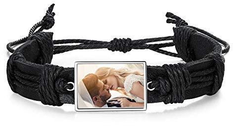 Personnalisé Photo Gravé Bracelet Corde Tressée Bracelet En Cuir Hommes Personnalisé Photo Bracelet Bijoux pour Hommes Femmes Cadeau pour Anniversaire Fête des Pères (noir)