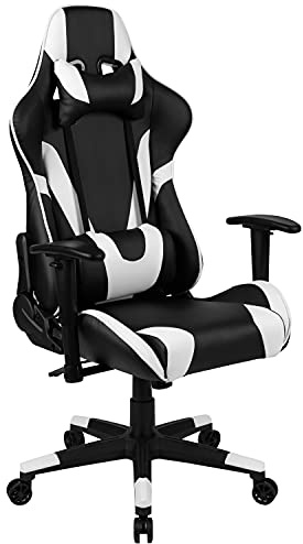 Flash Furniture X20 Fully Reclining LeatherSoft Racing Style Gaming Chair with Headrest, Lumbar Pillows, Ergonomic Swivel Computer Chair, Black/White