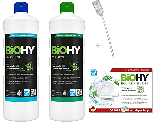 BiOHY Crockery Cleaning Combination Set | Washing Up Liquid 1 Litre Bottle | Dishwasher Tablets 60 Pieces | Rinse Aid 1 Litre Bottle | Includes Dispenser for Simplified Quantity Use