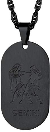 Richsteel Constellation Necklace Black Gemini Dog Tag Pendant Horoscope Chain Men, Black Plated Stainless Steel Boys Jewellery Gemini Zodiac Sign Necklace Chain