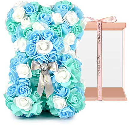 ASENVER Handgefertigte künstliche Blumen Rosenbär Reine Farbe für Valentinstag, Geburtstag und Muttertag, mit Einer 25,4 cm großen rosa Geschenkbox (graue Schleife, dreifarbige Blume)