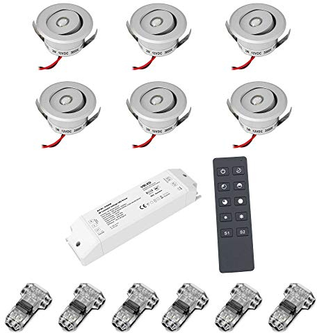VBLED© 6er-Set 3W LED Mini Einbauspot -OCULOS Minispot 3000K mit 12VDC Funk Netzteil und Fernbedienung - Schwenkbar - Silber