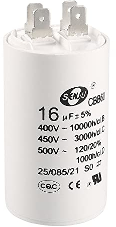 sourcing map CBB60 Run Capacitor 16uF 450V AC Double Insert 50/60Hz Cylinder 72x40mm White for Air Compressor Water Pump Motor